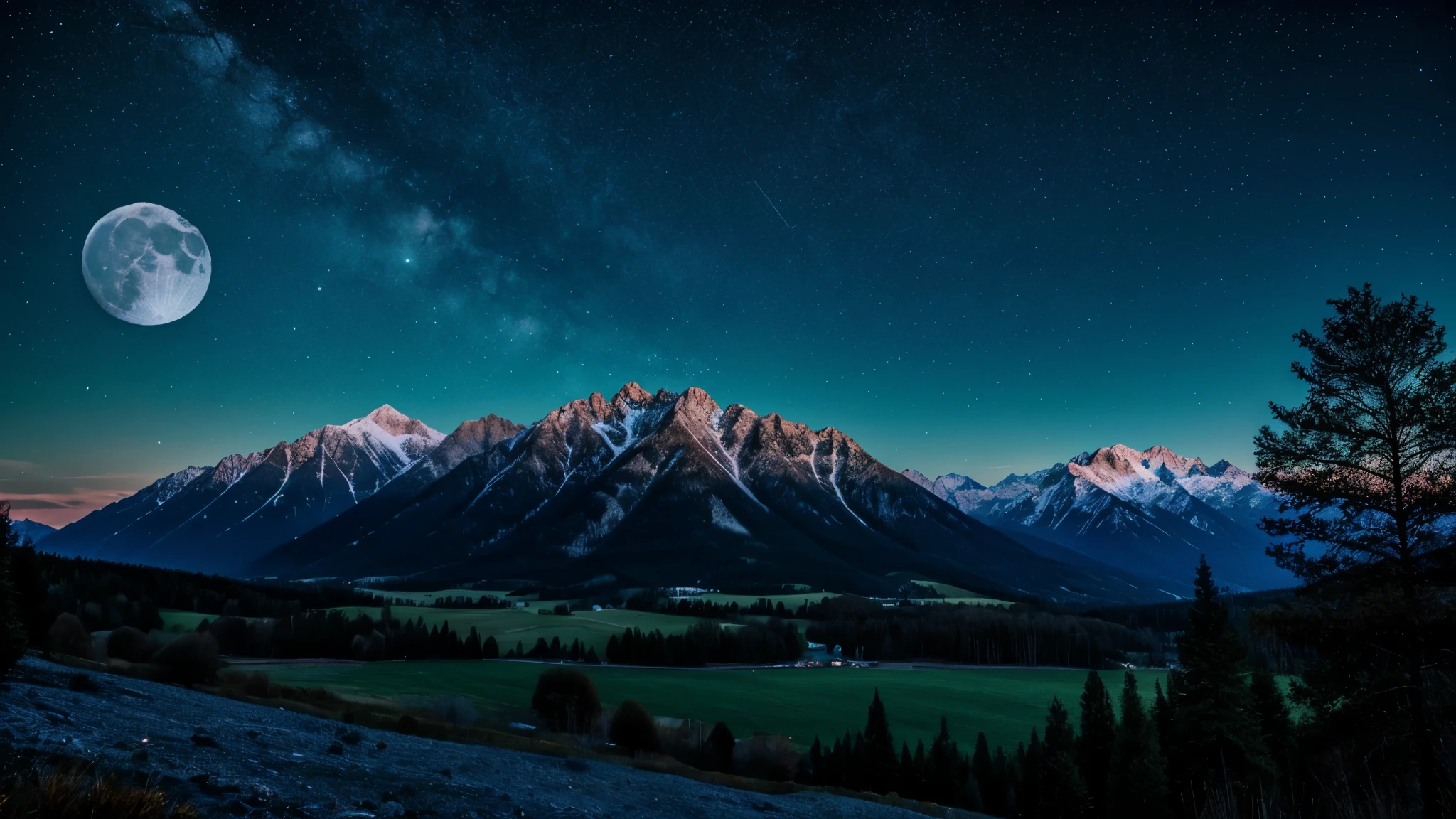 Beautiful night landscape with mountains and trees under the light of the moon and stars