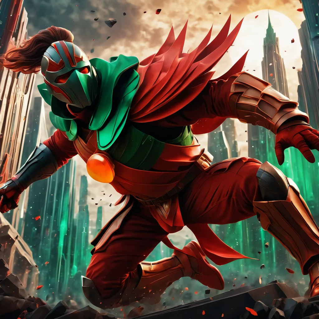 (best quality, highres, ultra sharp), Final Showdown between a heroic warrior and a heroic villain in a intense action, atmospheric perspective in a city inside a infinite battle,, epic action, dark tones of red, brown, orange, green and gray colors, art deco, 3d crunch,