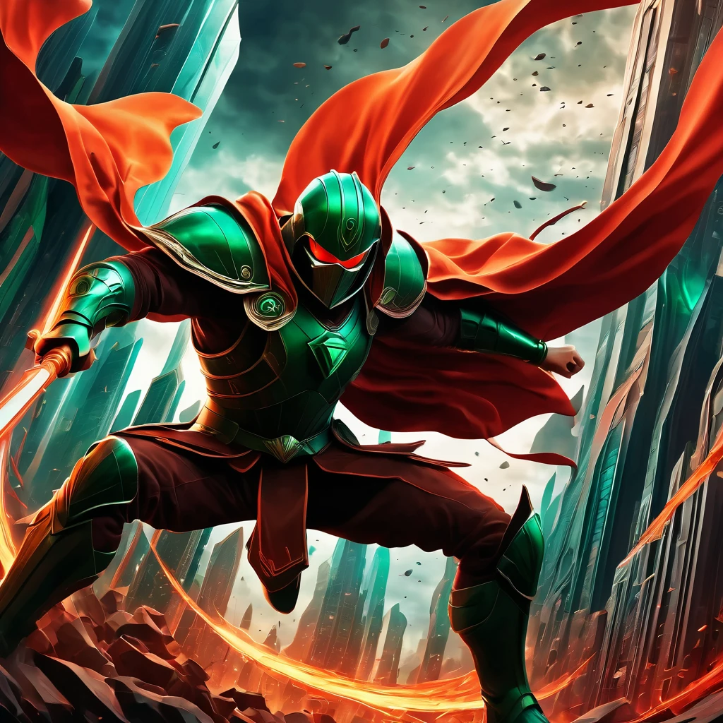 (best quality, highres, ultra sharp), Final Showdown between a heroic warrior and a heroic villain in a intense action, atmospheric perspective in a city inside a infinite battle,, epic action, dark tones of red, brown, orange, green and gray colors, art deco, 3d crunch,