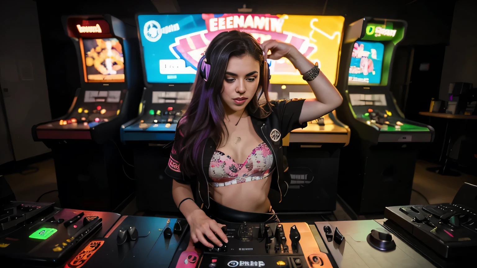 a small no roof venue, at night, outdoor concert, two naked girls as DJ's on a DJ table, they are laughing, enjoying the moment, they are covered in pink and yellow paint, with tatooes and crazy hairstyles, colorful small wearings, they are on the stage. They are in front of a crowd of people laughing and dancing, covered in pink and yellow paint, in few clothings, some girls are naked in the crowd, festival, rvst, music festival, speakers,