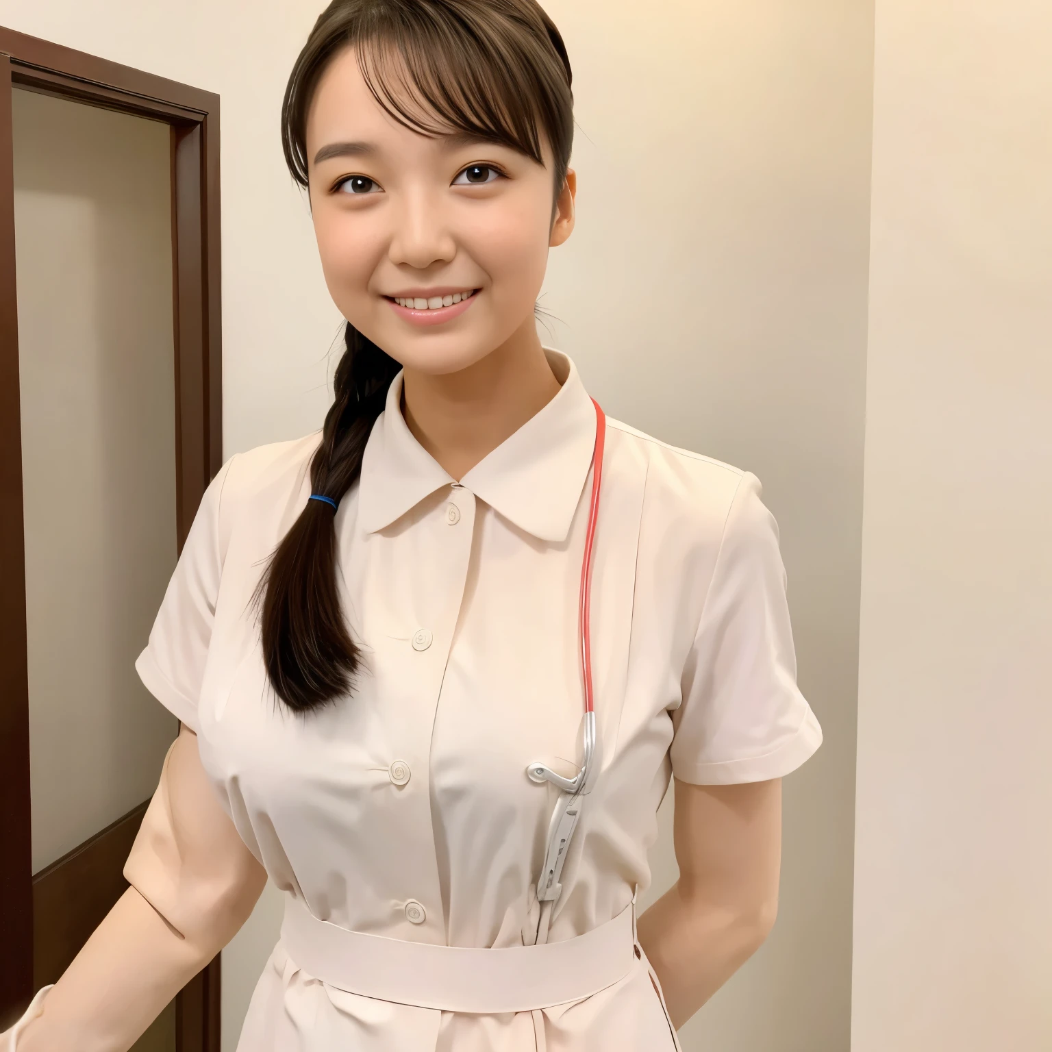 (1girl), Masterpiece, Best Quality, Ultra-realistic capture, Highly detailed, High resolution 16k, cute girl, natural white skin, (((natural saggy big breast:0.6, Height is 145cm, round face, black hair, ponytail, dark brown eyes, thin lips, thin eyebrows))), A nurse who is kind to patients, makes me feel happy when I pass her in the hospital hallway, has a warm smile, and has a thermometer in her hand. she wearing nurse uniform, nurse uniform color is light pink, in the hospital, I hope the surgery is safe and successful.