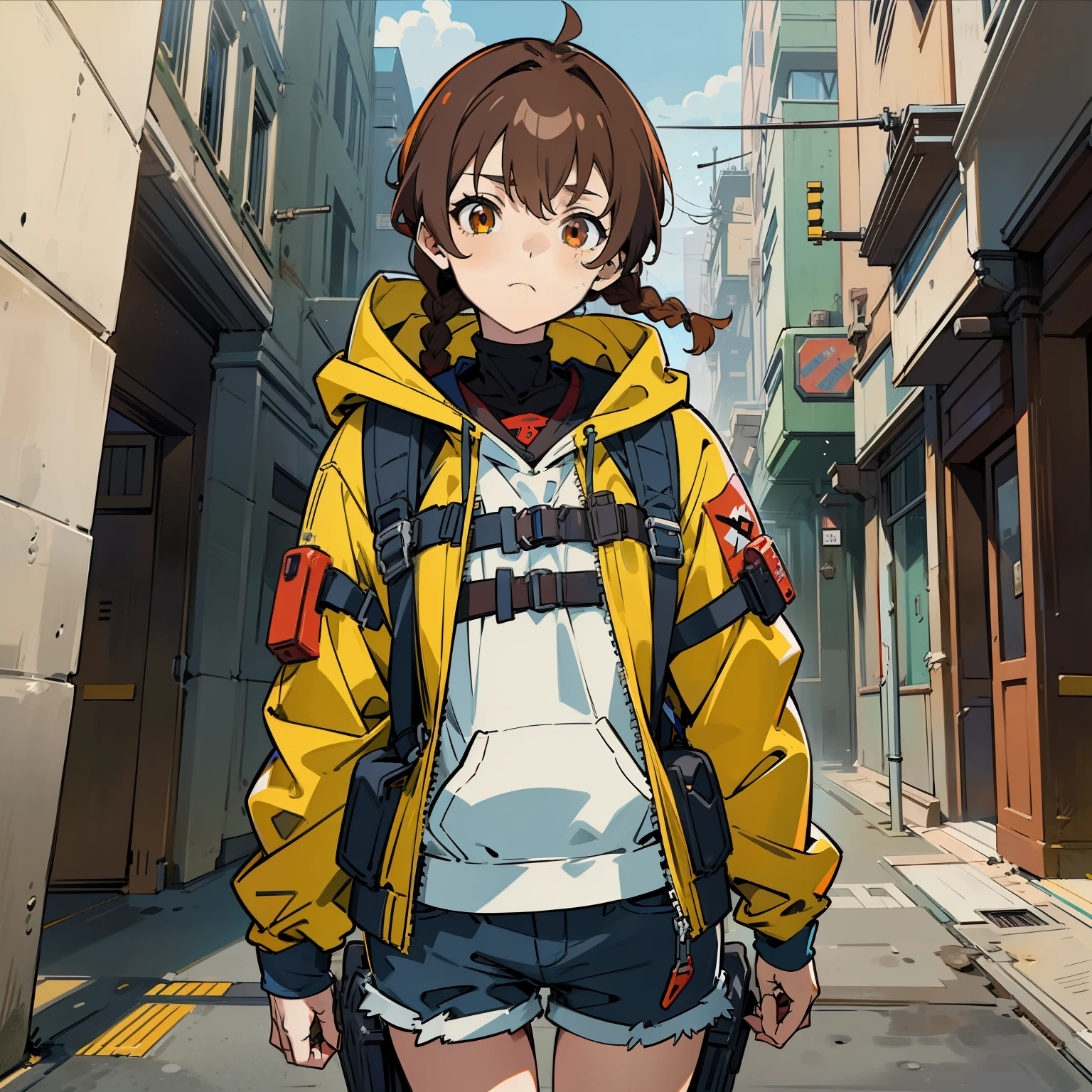 (animesque:1.3), Extreme refinement, 1girl in, brown hair, short, braids, tomboy, aloof look, glare, apocalypse, apocalyptic clothes, zombie apocalypse, survival gear, shorts, hoodie, backpack, shoujo, 2000's anime style (body) (very thin) (no curves)