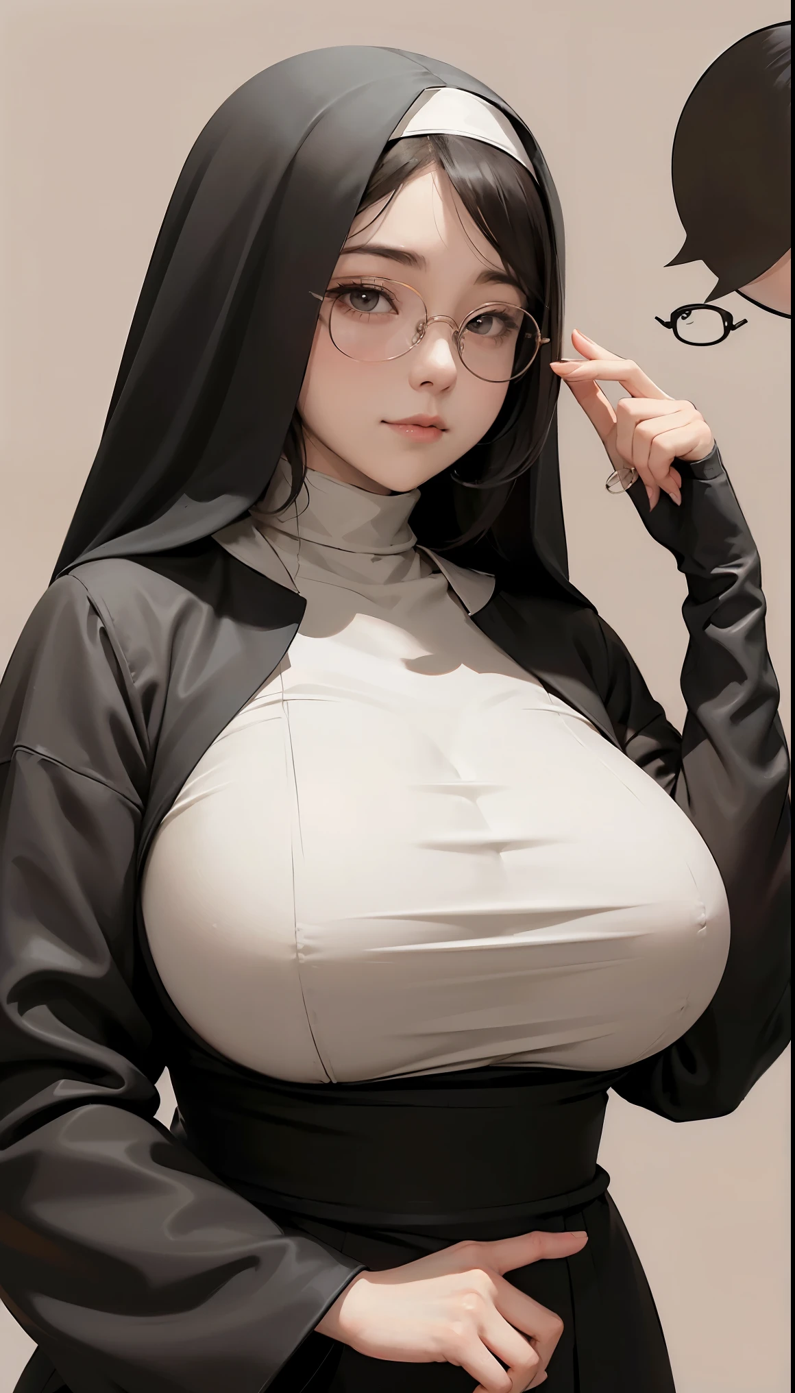 (1 girl:1.3)、solo、__body parts__、official art、unity 8k wallpaper、super detailed、Cosmetology and aesthetics、big breasts beautiful、master piece、best quality、fantastic atmosphere、calm color palette、feeling calm、soft shades、sexy nun、 ((((giant glasses, otaku glasses, thick glasses, round glasses)))),(((big breasts)))、charisma spell、vignette、Duties of a nun、look at the camera，light smile，the biggest：1.4