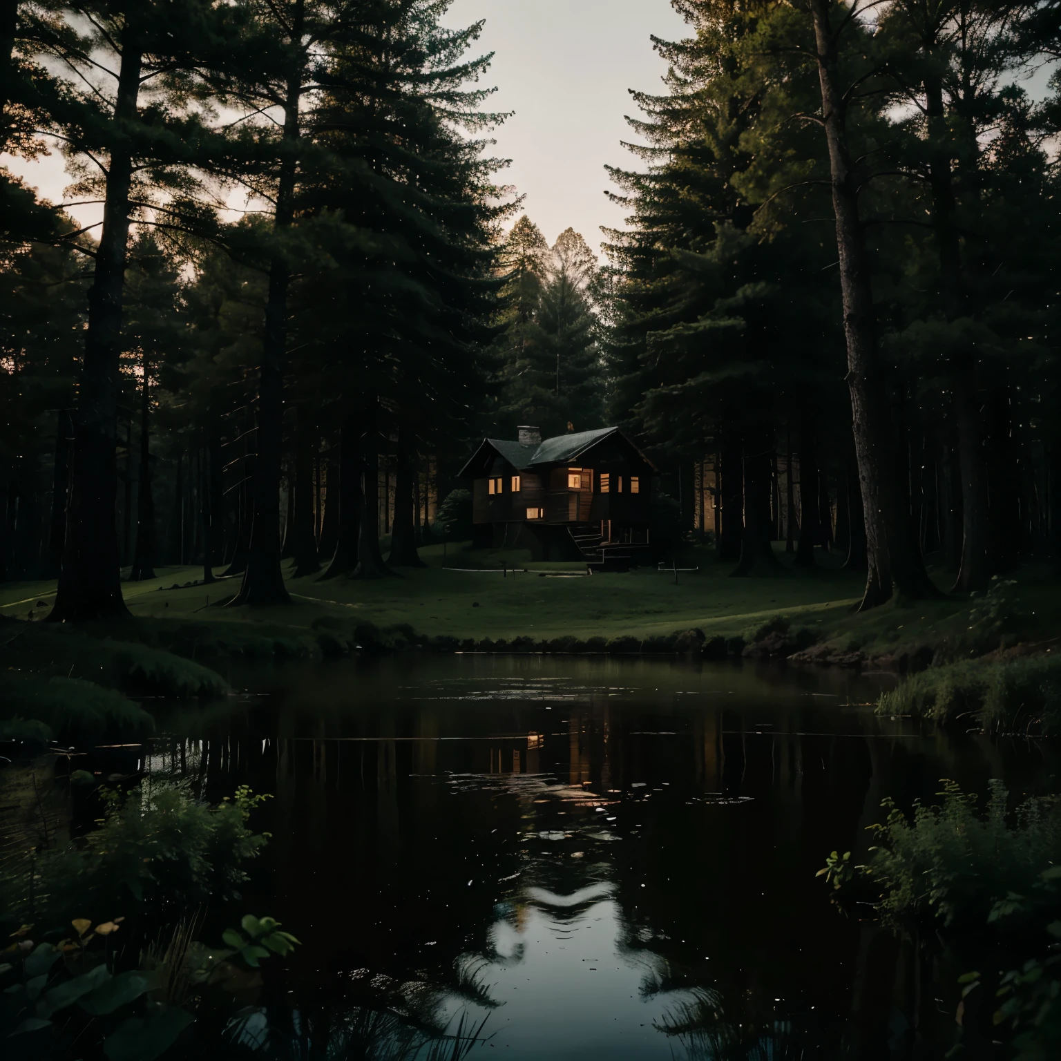 make a landscape in a dark and calm forest,make a house at the bottom