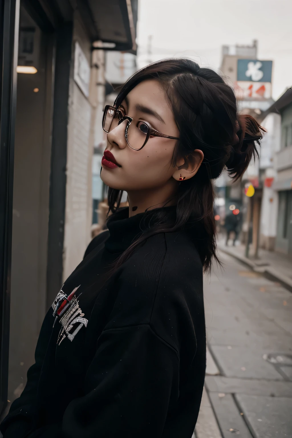 Korean girl Young , glasses, tattoos, black sweater, dark brown hair, emo, tattoo, eyebrow piercing , side profile, grunge, lower quality, eyeliner, dark red lipstick, grunge inspired makeup, wearing headphones, candid picture 