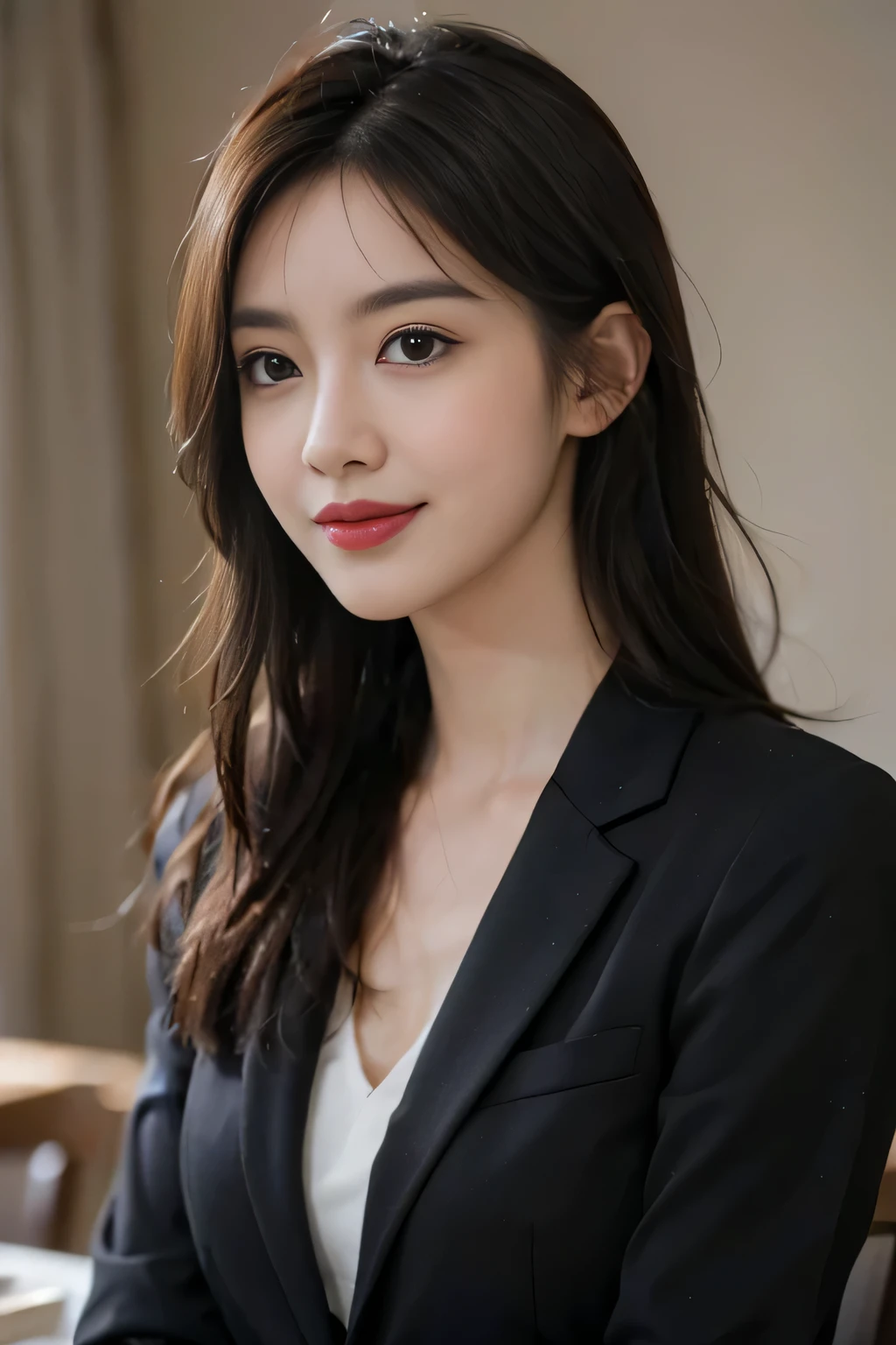 table top, highest quality, realistic, Super detailed, finely, High resolution, 8k wallpaper, 1 beautiful woman,, light brown messy hair, wearing a business suit, sharp focus, perfect dynamic composition, finelyて美しい目, thin hair, Detailed and realistic skin texture, smile, close-up portrait, model body shape