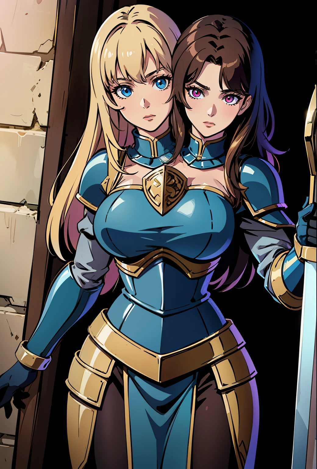 (masterpiece),(ultra-detailed), (high quality), (high resolution), (best quality:1.5, highres, UHD), highres, absurdo, ultra detail, ultra quality, (2heads:1.5), 1girl, (blond long hair), (brown hair), large breasts, thighs, silver paladin armor, female paladin, fully armored, medieval outfit, pink eyes, blue eyes, sword, armored chest piece, gorgeous female paladin, Guild Clothes with Armor