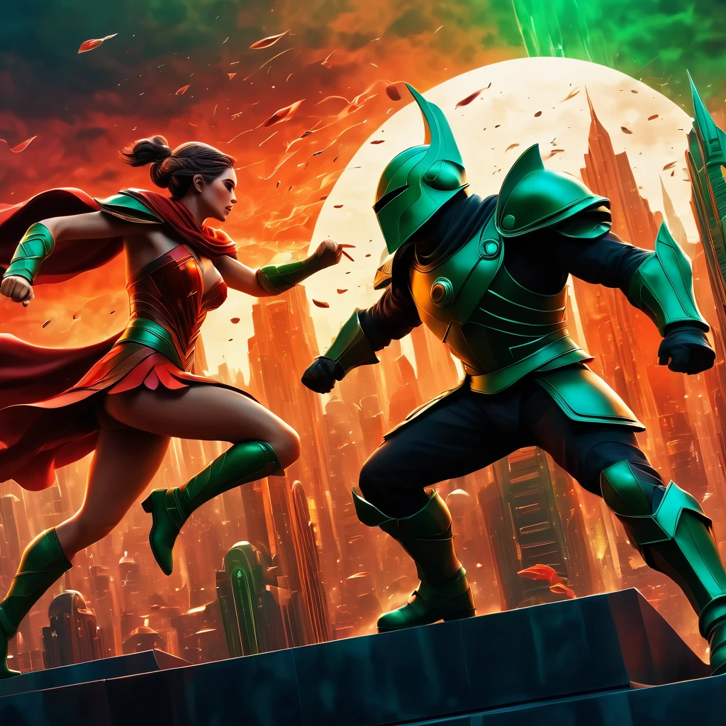 (best quality, highres, ultra sharp), Final Showdown between a heroic warrior and a heroic villain in a intense action, atmospheric perspective in a city inside a infinite battle,, epic action, dark tones of red, brown, orange, green and gray colors, art deco, 3d crunch,