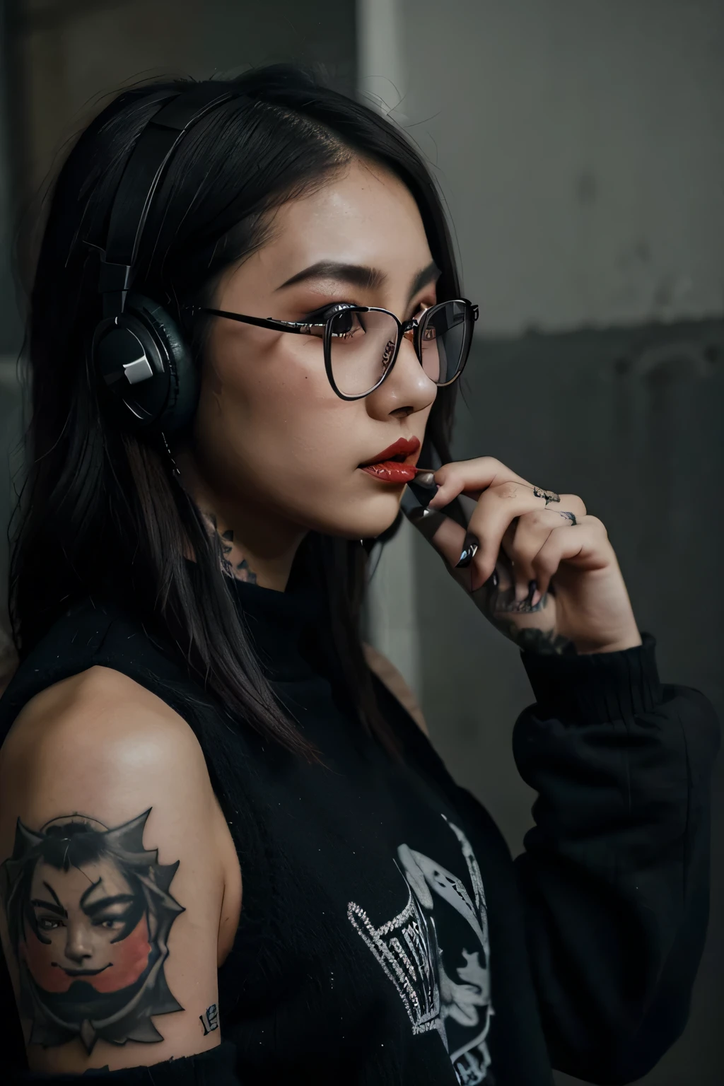Korean girl Young , glasses, tattoos, black sweater, dark brown hair, emo, tattoo, eyebrow piercing , side profile, grunge, lower quality, eyeliner, dark red lipstick, grunge inspired makeup, wearing headphones, candid picture