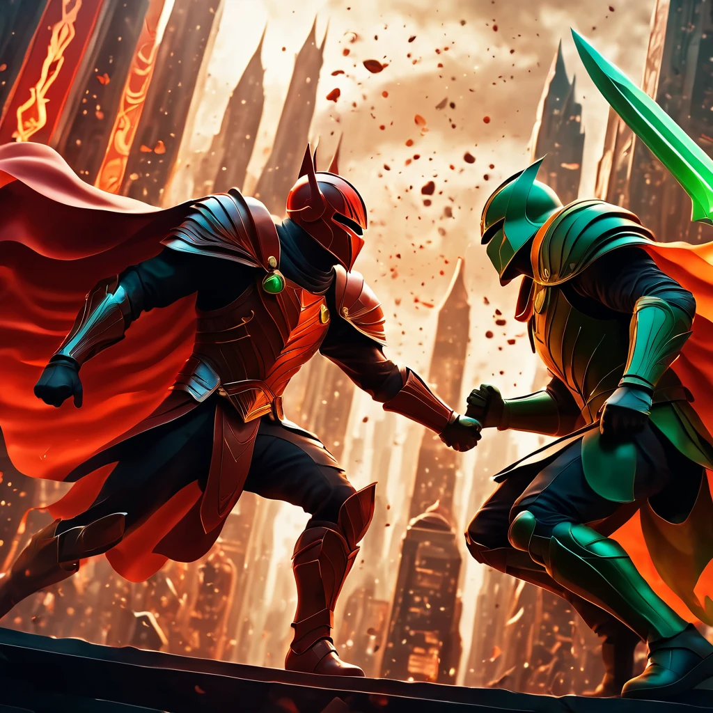 (best quality, highres, ultra sharp), Final Showdown between a heroic warrior and a heroic villain in a intense action, atmospheric perspective in a city inside a infinite battle,, epic action, dark tones of red, brown, orange, green and gray colors, art deco, 3d crunch,