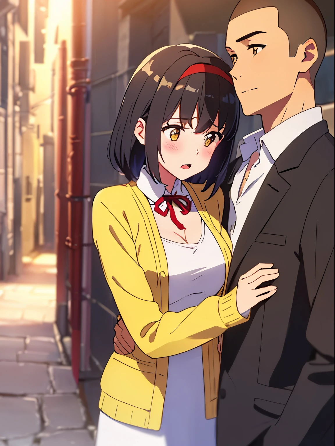 1boy, buzzcut, casual shirt, boy behind girl, touching chest, breatsgrope from behind, grab, grabbing chest,chestgrab behind back, hold breast, hug back, hugging, neck kiss, 1girl, bangs, black hair, blush, brown eyes, red headband, red ribbon, short hair, yellow cardigan, open shirt, white dress, cleavage, open mouth, medium breasts, dark Alley, night, night sky