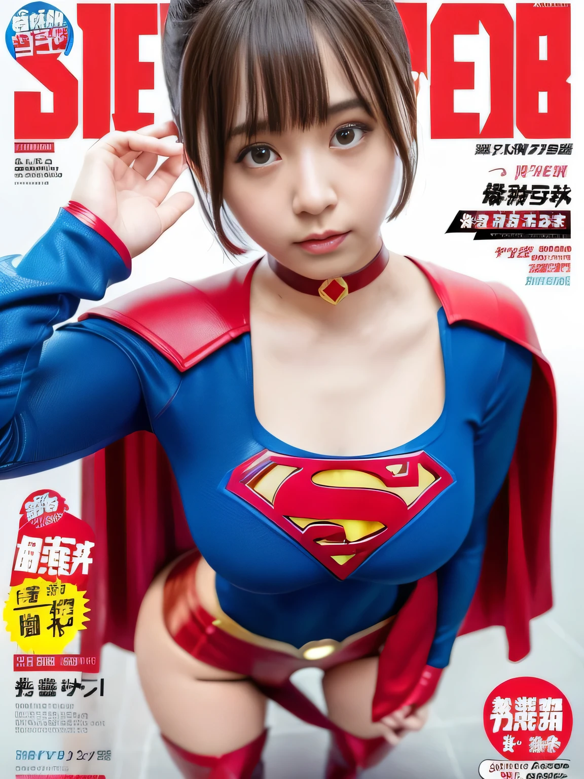 masterpiece、supergirl costume、short hair、big and full breasts、test subject、Crisis situation、Research room、choker、long sleeve、red mini skirt、looking at camera、Weekly magazine cover、model body shape、enamel boots、Sweat、Sweatまみれ