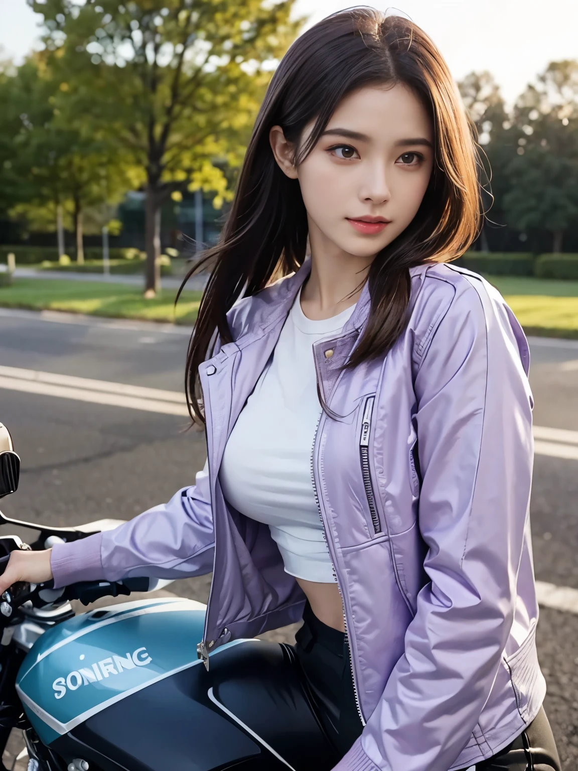  (realistic:1.5), 8k, Super delicate beauty, 1 girl, intricate body details, (short: 1.3), (highest quality: 1.0), (Super high sharpness: 1.0),（Beautiful and delicate depiction of eyes）,((((ride a motorcycle)))),unreal engine:1.4, photorealistic:1.4, skin texture:1.4, masterpiece:1.8,highest quality、smile、long limbs、((light purple jacket and long pants))