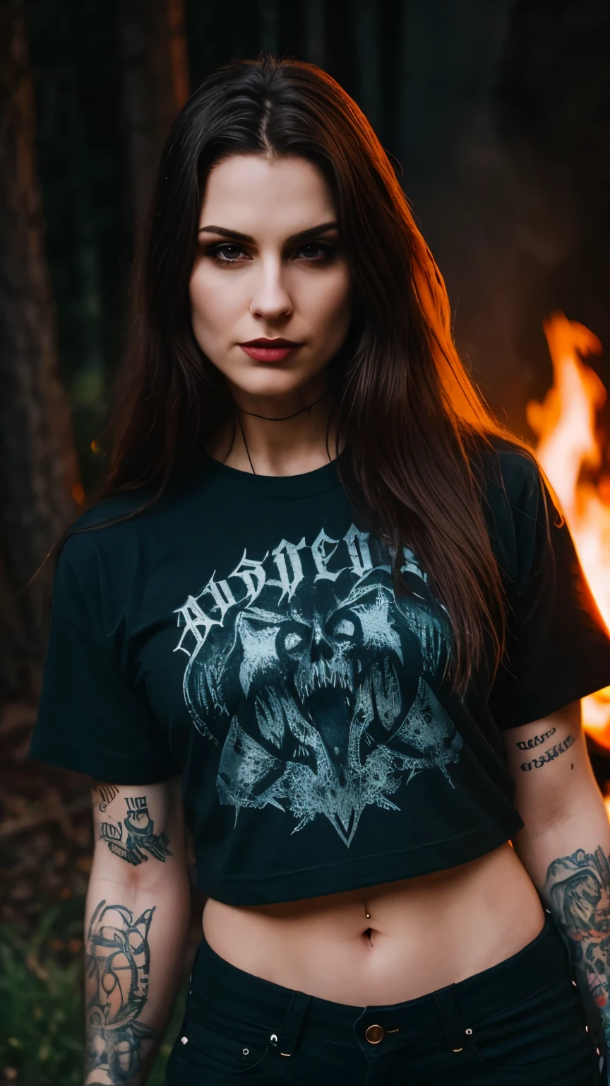 Best Quality,Masterpiece,Ultra High Resolution,(Realisticity:1.4),Original Photo,Cinematic Lighting, 1girl, solo, Metalhead Style girl in front of a abstract fire, tattooed, wearing ripped black pants, black t-shirt, heavy metal style, photography, wojtek fus, heavy metal art style, angry gorgeous goddess, female vampire warrior, heavy metal concert. realistic, datailed, detailed face, 4K.