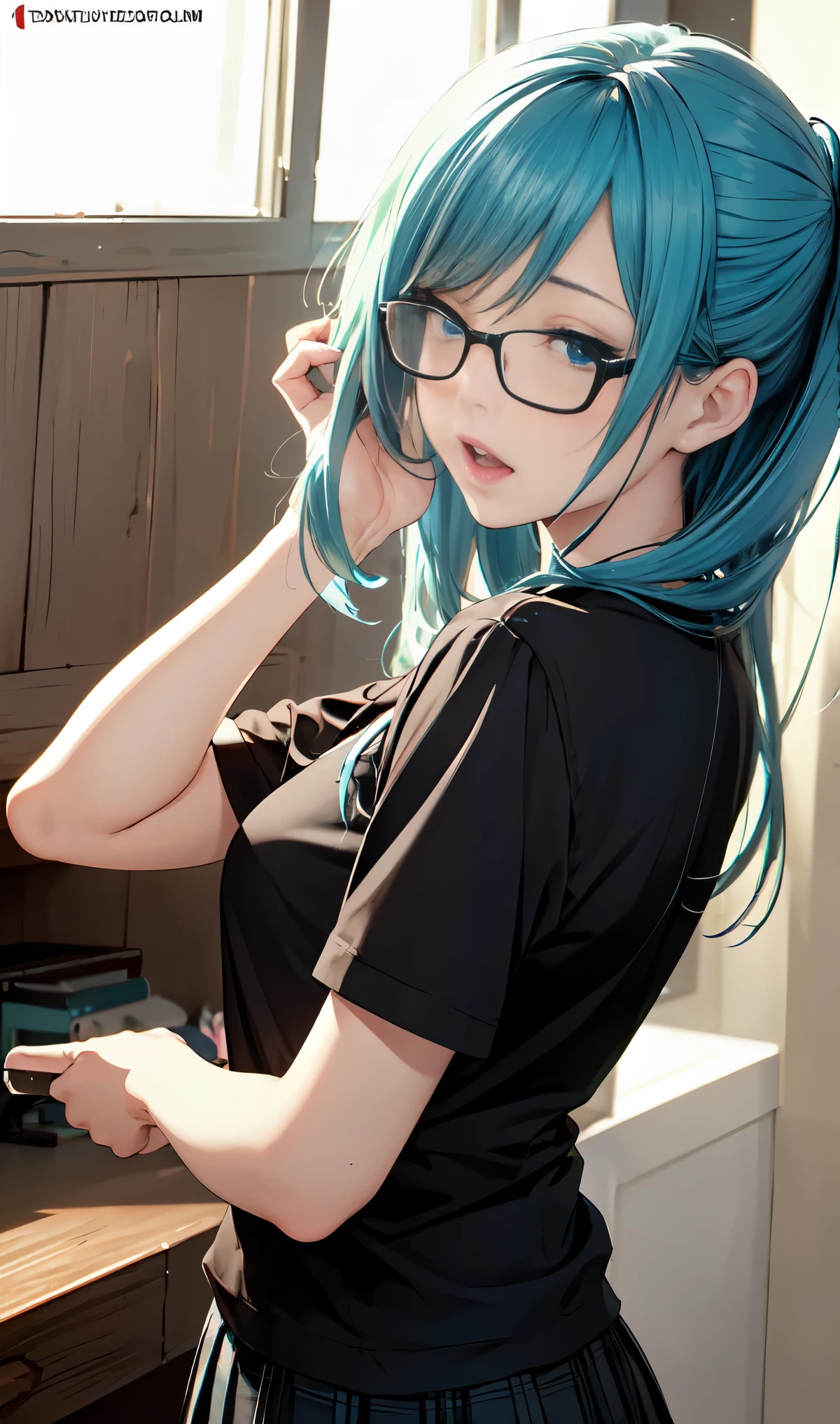 、grayscales、Onepiece、dishevled hair、slovenly、Cross-eyed、Drunk、Turned、( Silly / Sexual ecstasy)、Turned、eye glass、top-quality, Photorealistic, An ultra-fine illustrations, beautiful attractive anime girl, miku hatsune, Slender body, Tied hair, one girls, a photo of girl, Full body shot, Beautiful blue eyes, Turned,