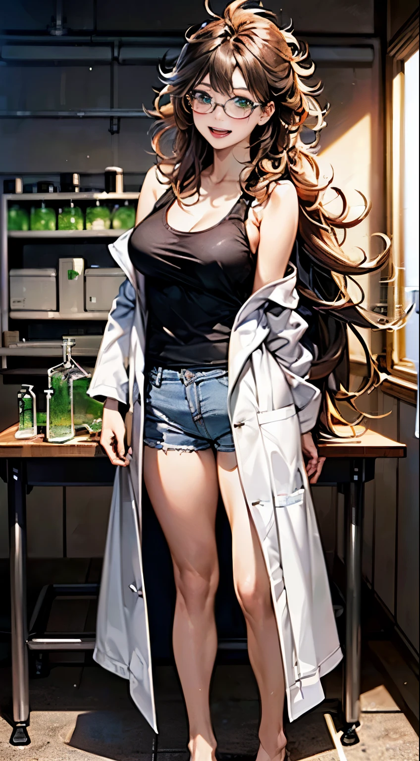 (masterpiece:1.2, highest quality), ultra high resolution, Super detailed, (realistic, photorealistic:1.4), beautiful illustrations, perfect lighting, colorful, Depth of written boundary,
looking at the viewer, whole body, Front view:0.6, 1 girl, alone, Japanese, university student, (big breasts:0.8, big ass, seductive thighs, skin dents),
(long hair:1.5, messy hair:1.7), light gray hair, asymmetrical bangs, emerald green eyes, (shiny skin),
beautiful hair, beautiful face, highly detailed face, thin and beautiful eyes, beautiful clavicle, beautiful body, beautiful breasts, beautiful thighs, beautiful feet, beautiful fingers,
(graduate School:1.8, chemical experiment, researcher:1.6)
((yellow tank top, doctor's white coat:1.8, hot pants, round glasses)), barefoot, (smile, open your mouth),