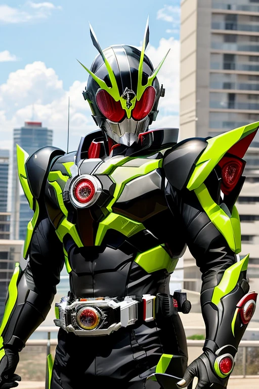 kamenrider, (green color, black color, red color), 1man, (dynamic pose), 8K, masterpiece, best quality, detailed, highly detailed, sharp focus, perfect anatomy, best quality, (cowboy shot:1.2), (natural lighting, feel light, realistic lighting, accent lighting, professional lighting, best shadow), (warm color:1.2), (ruin city, detailed particles, detailed background),