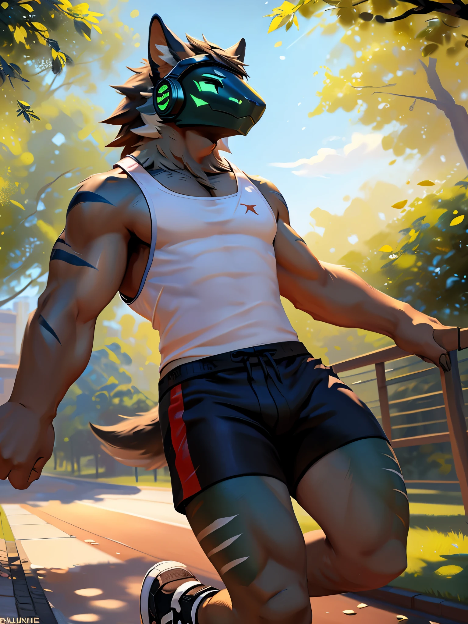 posted on e621, (by Chunie), Protogen,solo,masculine,Dark Green fur with White stripes on the tips,Muscular, Slim body, full body like, Exercising in the park, tank top,Wear black shorts, Jordan shoes, There are a few leaves blown away, Abstract beauty, ultra detailed face, depth of field, motion blur, high details, high quality, award winning, HD, 16k, (best quality,4k,8k,highres,masterpiece:1.2),ultra-detailed,realistic:1.37,HDR,UHD,studio lighting,extreme detail description,professional,vivid colors,bokeh,lively atmosphere, natural lighting