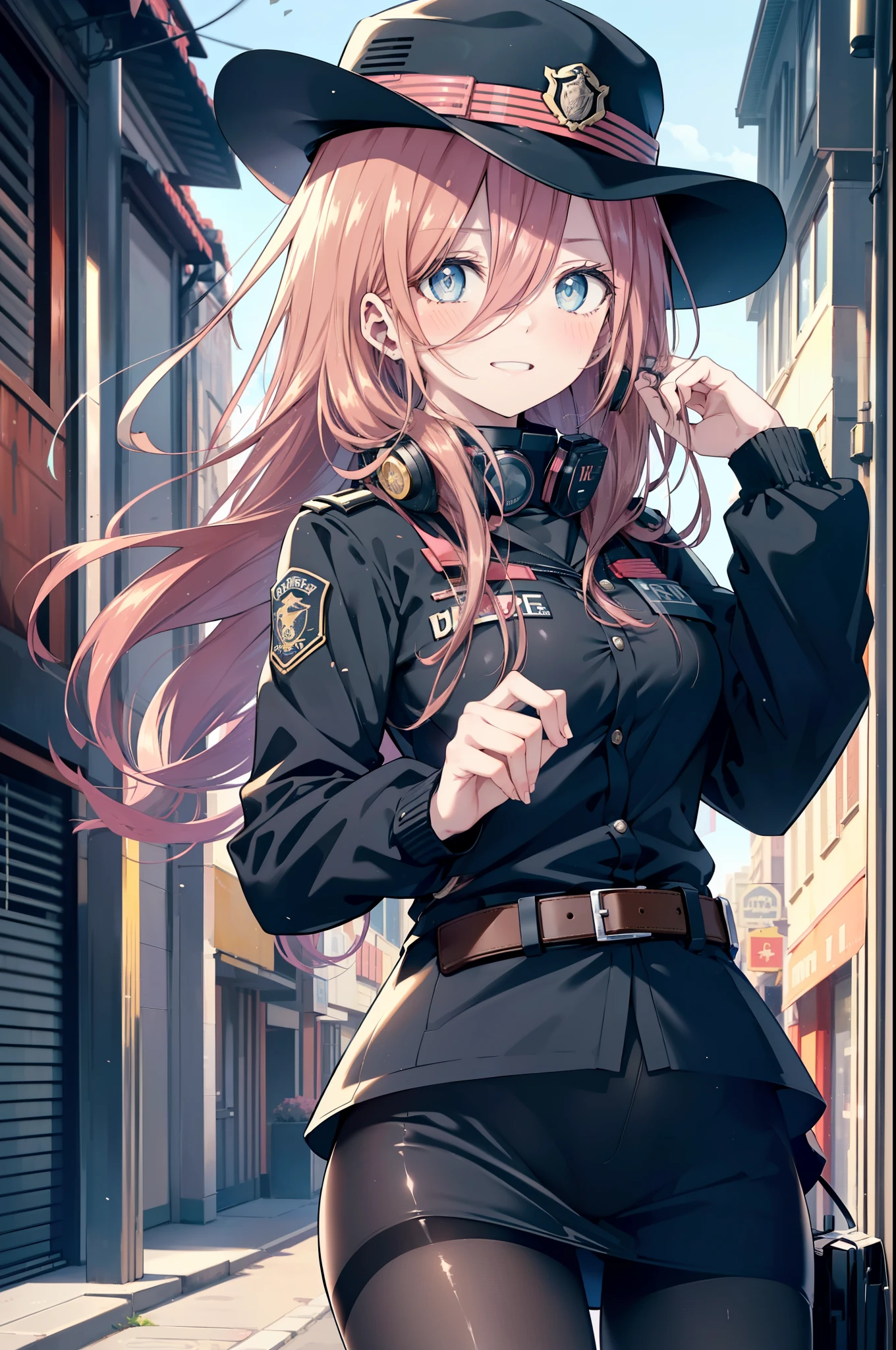 miku nakano, Nakano Miku Ticket III, long hair, bangs, blue eyes, brown hair, hair between eyes, headphones around neck,police hat,smile,blush,open your mouth,sexy police uniform,black pencil skirt,black pantyhose,stiletto heels,The girl salutes with her left hand,Place your right hand on your hip.,Looking up,sunrise,morning,sun,
break outdoors, In town,building street,
break looking at viewer, (cowboy shot:1.5), (Upper body:1.5),
break (masterpiece:1.2), highest quality, High resolution, unity 8k wallpaper, (figure:0.8), (detailed and beautiful eyes:1.6), highly detailed face, perfect lighting, Very detailed CG, (perfect hands, perfect anatomy),