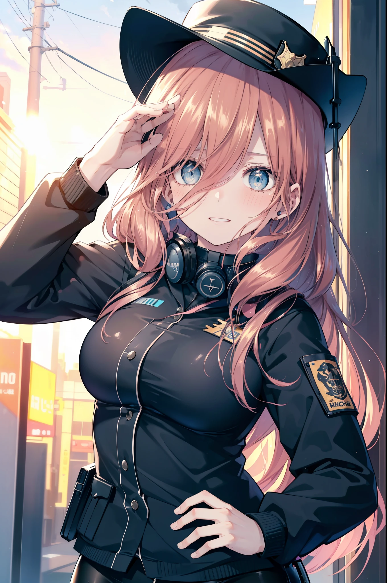 miku nakano, Nakano Miku Ticket III, long hair, bangs, blue eyes, brown hair, hair between eyes, headphones around neck,police hat,smile,blush,open your mouth,sexy police uniform,black pencil skirt,black pantyhose,stiletto heels,The girl salutes with her left hand,Place your right hand on your hip.,Looking up,sunrise,morning,sun,
break outdoors, In town,building street,
break looking at viewer, (cowboy shot:1.5), (Upper body:1.5),
break (masterpiece:1.2), highest quality, High resolution, unity 8k wallpaper, (figure:0.8), (detailed and beautiful eyes:1.6), highly detailed face, perfect lighting, Very detailed CG, (perfect hands, perfect anatomy),