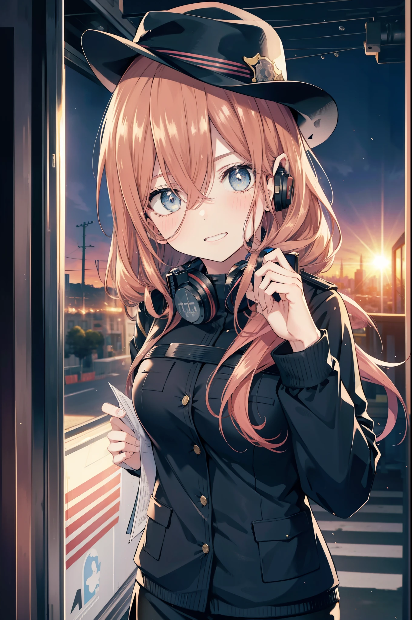 miku nakano, Nakano Miku Ticket III, long hair, bangs, blue eyes, brown hair, hair between eyes, headphones around neck,police hat,smile,blush,open your mouth,sexy police uniform,black pencil skirt,black pantyhose,stiletto heels,The girl salutes with her left hand,Place your right hand on your hip.,Looking up,sunrise,morning,sun,
break outdoors, In town,building street,
break looking at viewer, (cowboy shot:1.5), (Upper body:1.5),
break (masterpiece:1.2), highest quality, High resolution, unity 8k wallpaper, (figure:0.8), (detailed and beautiful eyes:1.6), highly detailed face, perfect lighting, Very detailed CG, (perfect hands, perfect anatomy),