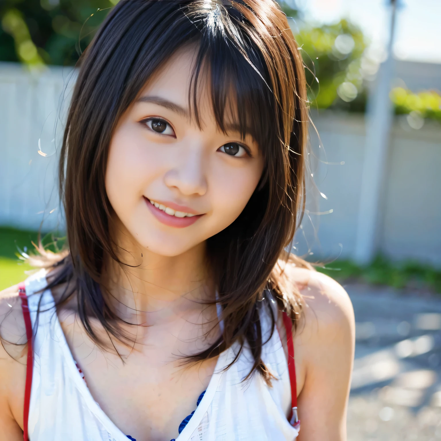 Japanese ),((beautiful girl)),cleavage,An expression that imagines something pleasant:1.2,(perfect body beauty:1.2),((perfect body)),(shy smile),beautiful teeth,