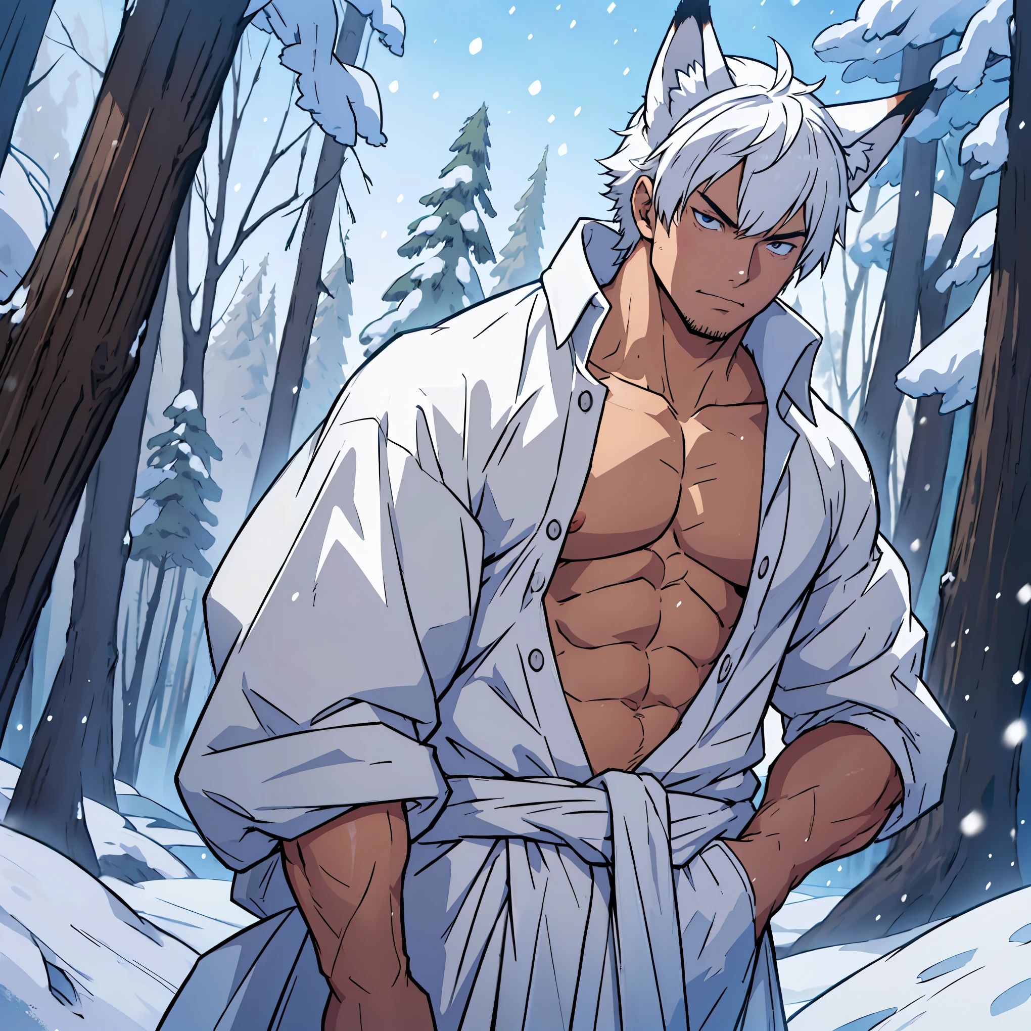 anime guy with white hair and fox ears and collar, (whole body), young guy, hair with modern bangs, masculine but young, no beard, no clothes, totally naked,(the whole body on display),  with just a piece of cloth hiding the private parts , hiding the private parts with a piece of cloth , in a snowing place, trees with snow in the background,  