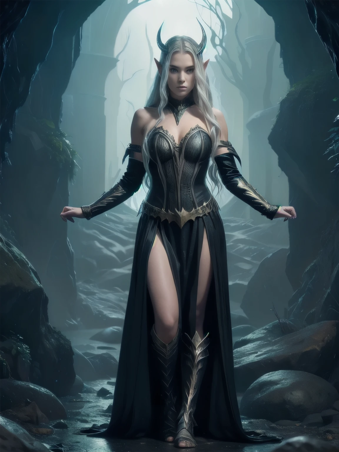 (Digital Art medieval setting) view full body, mera from aquaman  silver long hair perfect face beautiful, as an medieval elf in flowing black silk robes in a giant dry dusty desert natural large cave with thousands of ancient runes in the walls cragged, spooky, eerie, sakophagus