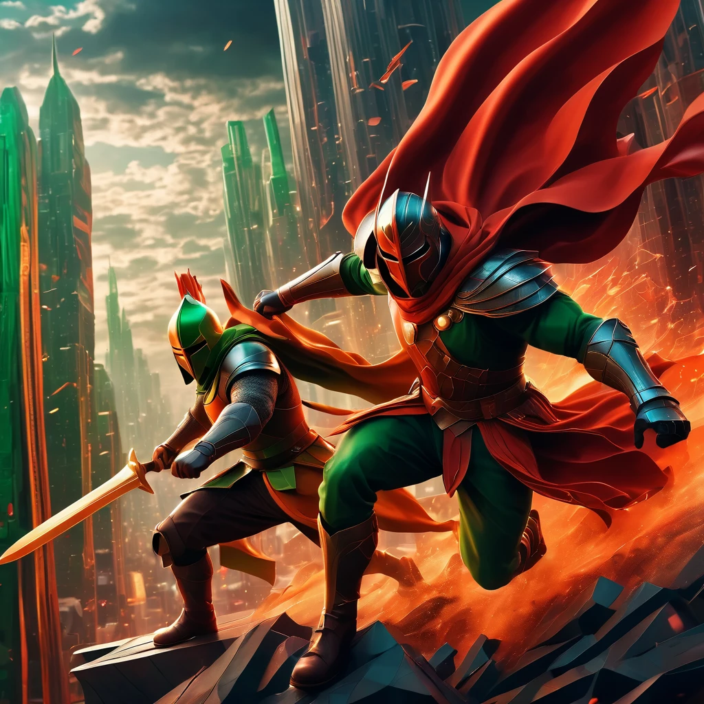 (best quality, highres, ultra sharp), Final Showdown between a heroic warrior and a heroic villain in a intense action, atmospheric perspective in a city inside a infinite battle,, epic action, dark tones of red, brown, orange, green and gray colors, art deco, 3d crunch,