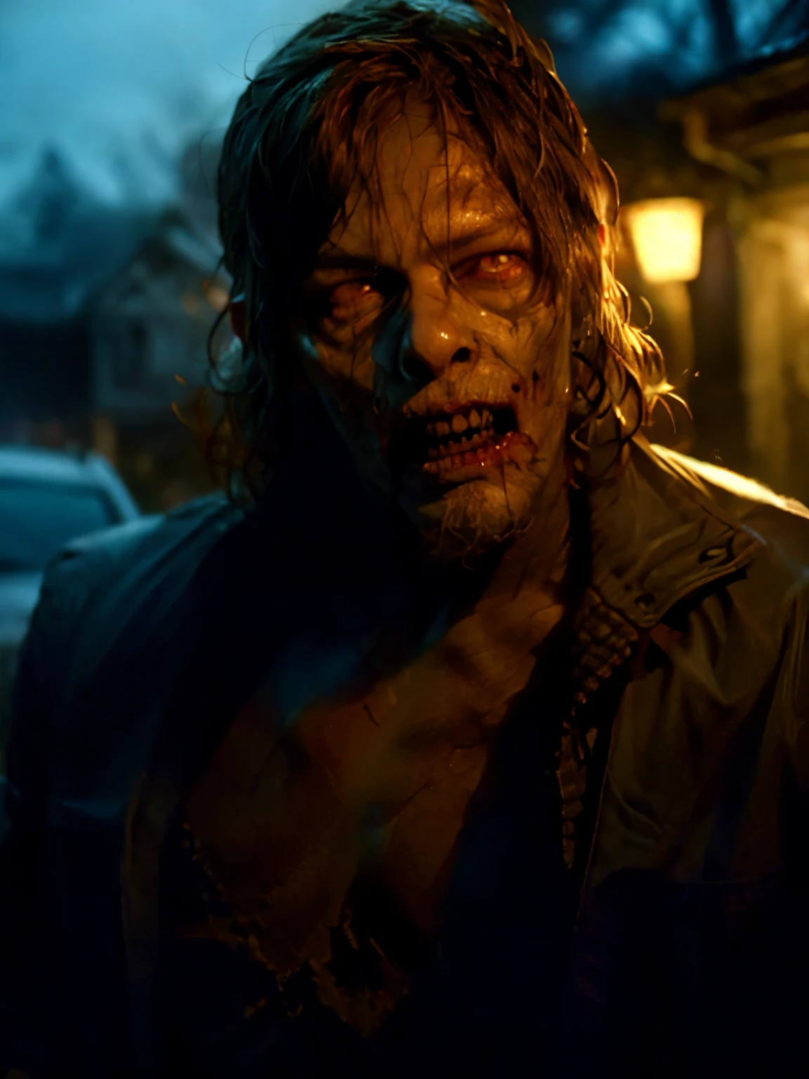 masterpiece, best quality:1.2), ((RAW photo, Best quality)), (Realistic, photo-realistic:1.2) a evil zombie, blood, hottinig, ((horror, creepy)) , night, ((White eyes)). angry. ((( Exposed brain))), ((Pale or Grey skin)), wounds, empty eyes, torn clothes, slow movements, guttural noises, aggressive and cannibalistic behavior. Cinematic lighting.