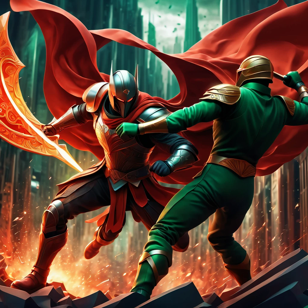 (best quality, highres, ultra sharp), Final Showdown between a heroic warrior and a heroic villain in a intense action, atmospheric perspective in a city inside a infinite battle,, epic action, dark tones of red, brown, orange, green and gray colors, art deco, 3d crunch,