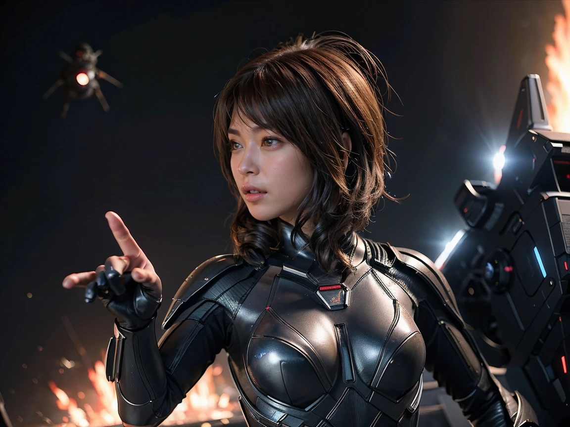 (RAW photo, highest quality), (realistic, Photoreal:1.3), 1 girl、realisticbody、battle suit、fire a small missile、Fighting pyramid-shaped UFOs flying from space、laser light、look up