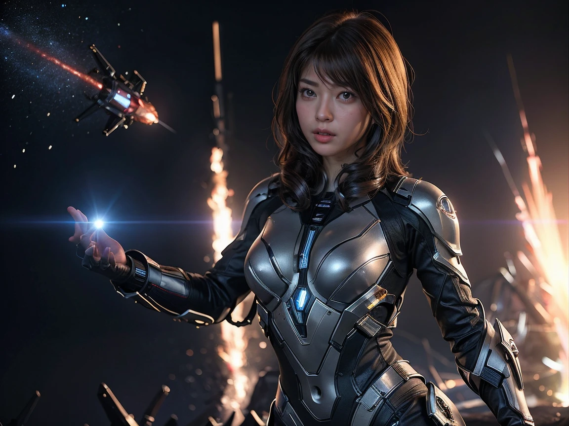 (RAW photo, highest quality), (realistic, Photoreal:1.3), 1 girl、realisticbody、battle suit、fire a small missile、Fighting pyramid-shaped UFOs flying from space、laser light、look up