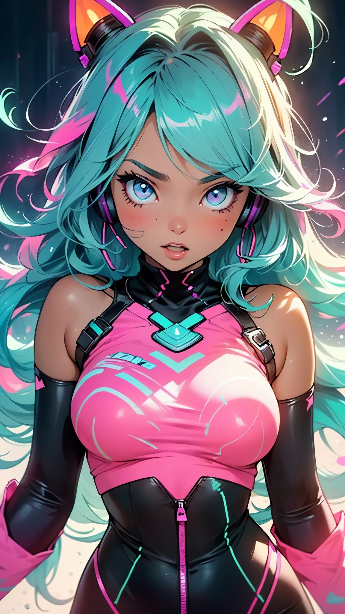 Brightly colored cat ears anime girl with headphones and (big breasts:1.3), ((upturned eyes:1.3, perfect eyes ,beautiful detailed eyes, rainbow glows ultra-detailed deep aqua purple eyes:1.1, gradient eyes:1, finely detailed beautiful eyes:1, symmetrical eyes:1, big highlight on eyes:1.2)), very shy, blushing, (open mouth), anxious, in a psychedelic room, ((((bright skin: 1.5, tanned skin, bright skin, very bright skin, bright body)))), Psytrance illustrations, psytrance, psychedelic art style, neon color theme, (((masterpiece))), (intricate), 8K, best quality, (visual intensity: 1.5),
(((liquid paint clothing, clothes made of liquid paint))),(((neon purple clothes | neon pink clothes | neon blue clothes | neon aqua clothes | purple clothes | fuchsia clothes | fluorescent blue clothes | amethyst clothes | neon clothes | bright pink clothes :1.5))), revealing clothing,with micro clothes,
multicolored background, colorful theme, playing splash paint, beautiful light, colorful light particle,clothes high contrast, splashes of color, colors painting wall, intricate details, exposure blend, hdr, (graffiti art),more_details:0.5,