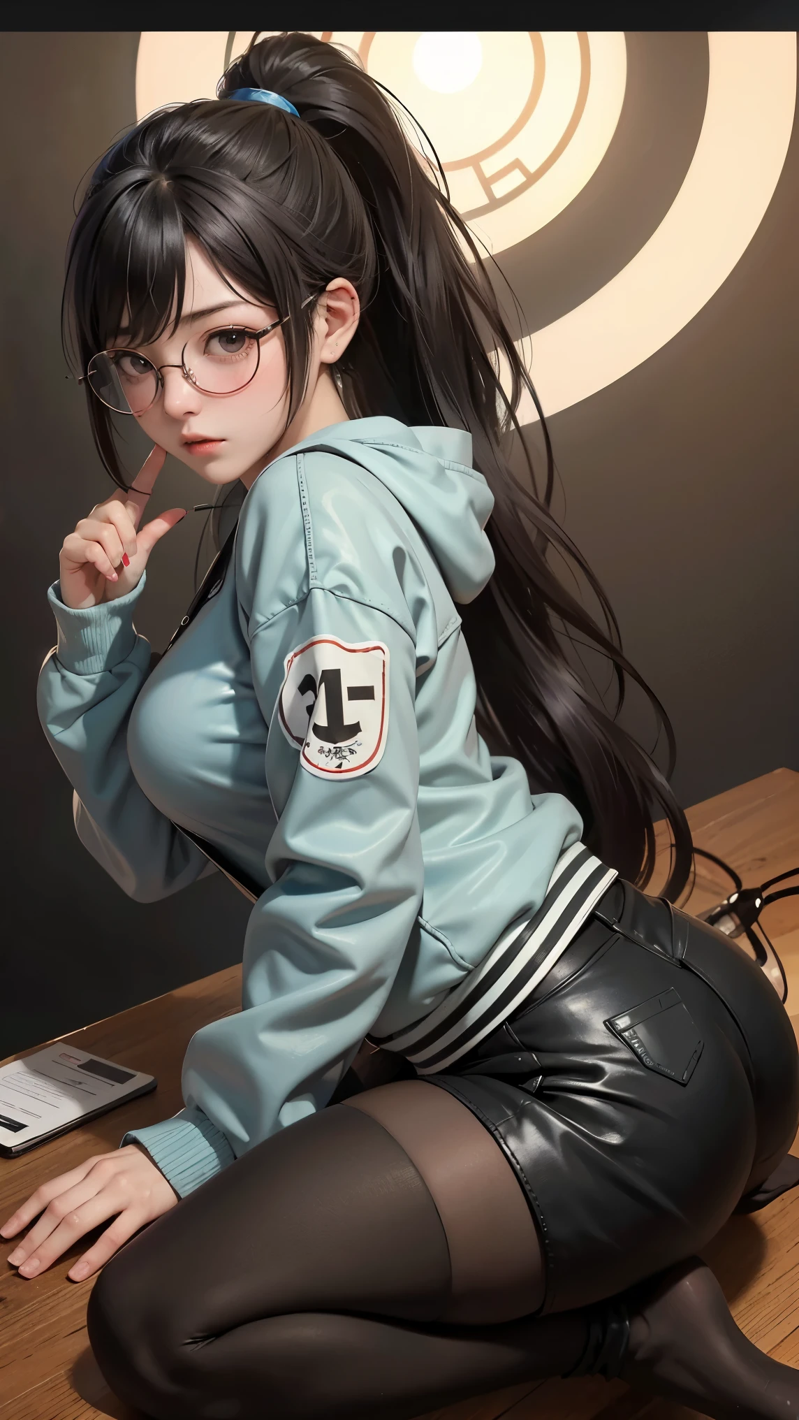 (Masterpiece), (Best Illustration), 20-year-old woman in glasses, Anime background, Game bedroom, TV with large computer, Ring lighting, Rim lighting,(Highly detailed CG Unity 8k wallpaper),(Masterpiece), (Best Quality), (Vaporwave Style), (Ultra Detailed), (Best Illustration), (Best Shadow),Perfect Lighting, Perfect Anatomy, Vibrant Colors,