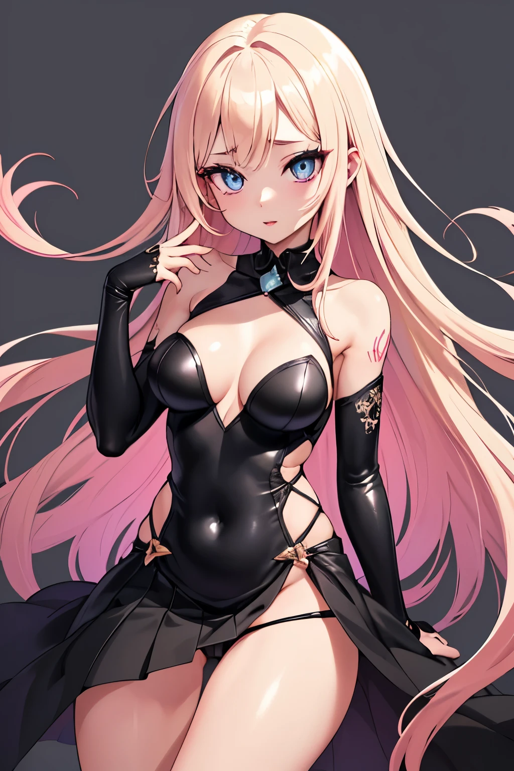 1girl, anime, cute girl, blank background, white background, fantasy, detailed fantasy dress with highlights, beautiful face, beautiful eyes, dark colors, pink hair with some streaks of blue strands, different color pupil in eye, medium small breasts (slightly big), slight cleavage, beautiful skin, cute, breast curtains, extremely delicate and beautiful, (beautiful detailed face:1.0), (detailed deep eyes), symmetrical breasts, deep eyes, shiny skin, portrait, slender waist, hips wider than shoulders, thighs, expressionless, young girl, luminous eyes, adorable，（Kpop idol）,（aegyo sal：1），（Platinum blonde hair：1），（（puffy eye）），Black panty，sexy posture，Superskirt, ultra high resolution，Black collar，slim figure, Abdominal y tattoo, womb tattoo，Tight-fitting leg ring，y tattoo on half-body，Bare skin, Armored hand，Hidden fingertips，Hand covered，Arm covered，Fist covered,{{beautiful detailed fingers}}, tufts of hair, moderate beautiful breast:1.0,