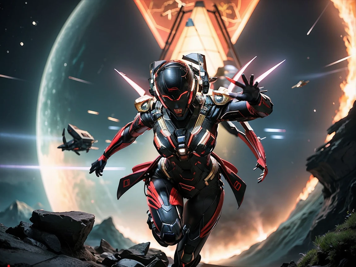 (RAW photo, highest quality), (realistic, Photoreal:1.3), 1 girl、realisticbody、Battle suit costume with Japanese kimono motif、Pyramid-shaped UFO flying from space、Avoid flower-shaped missiles、action pose