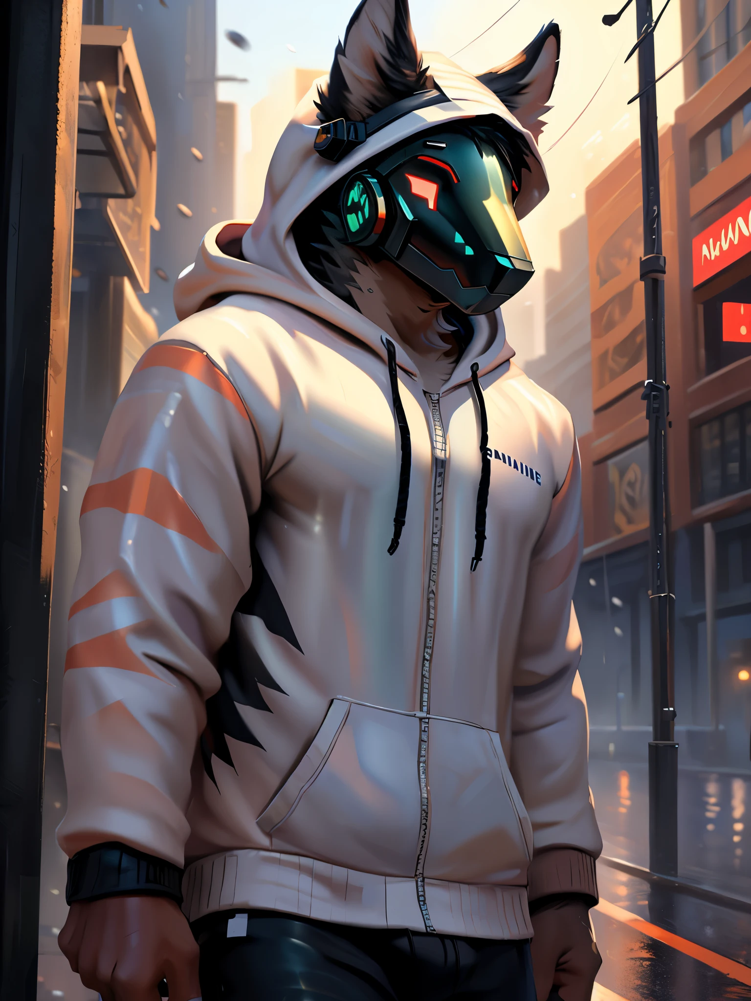 posted on e621, (by Chunie), Protogen,solo,masculine,Dark Green fur with White stripes on the tips, Muscular, Slim body, full body like, night in the city, rain, (Realistic Rain detail), Streetwear Hoodie wear, wet Hoodie, Abstract beauty, ultra detailed face, depth of field, motion blur, high details, high quality, award winning, HD, 16k, (best quality,4k,8k,highres,masterpiece:1.2),ultra-detailed,realistic:1.37,HDR,UHD,studio lighting,extreme detail description,professional,vivid colors,bokeh,lively atmosphere, natural lighting