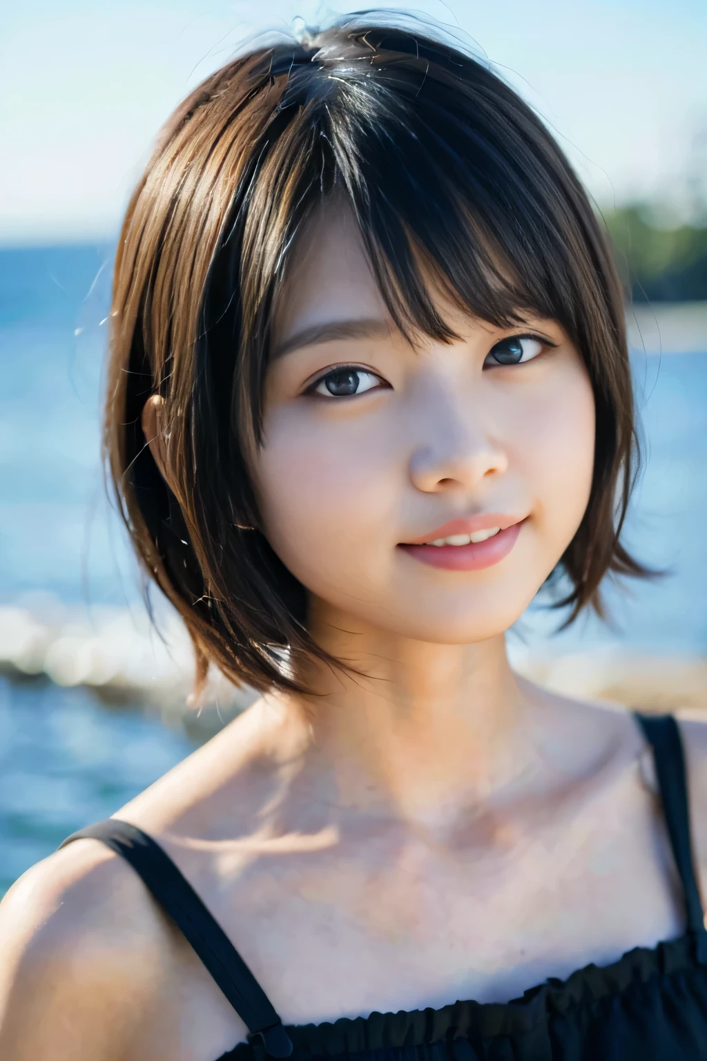 Top quality, masterpiece, ultra high resolution, (photorealistic: 1.4), raw photo, 1 girl, Japan beauty, beautiful skin, black hair: 1.7, Minami Hamabe, (((Short hair: 1.5)), 30 years old, laughing happily: 1.2, micro bikini --auto