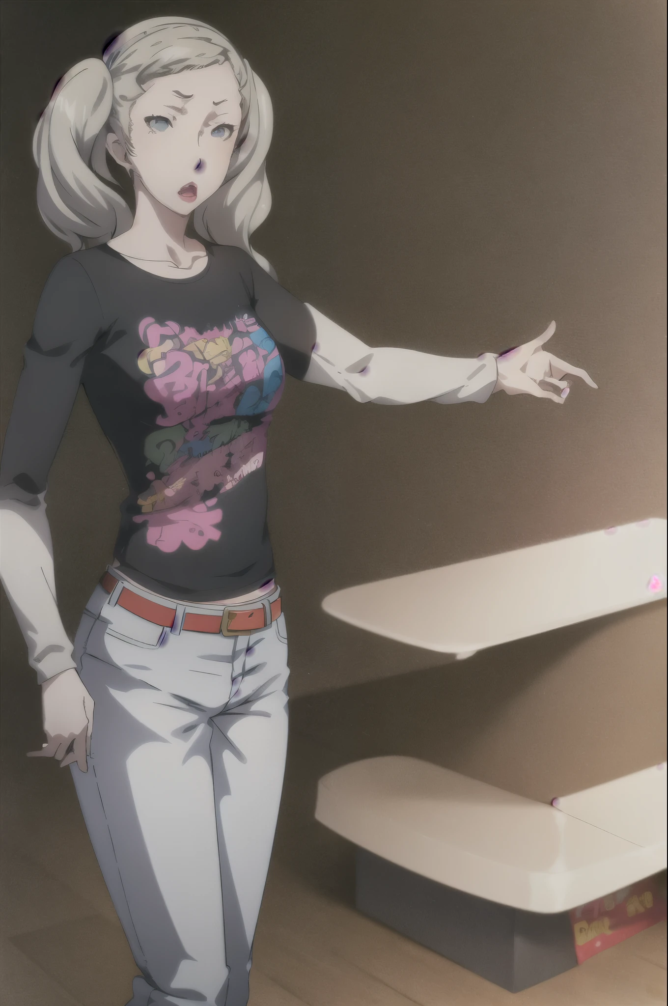 The face of Ann takamaki, blonde hair, twintails, ichiko ohya, best quality, masterpiece, 1girl, solo, standing, black t-shirt, white shirt, jeans, belt, lipstick, eyewear on head,