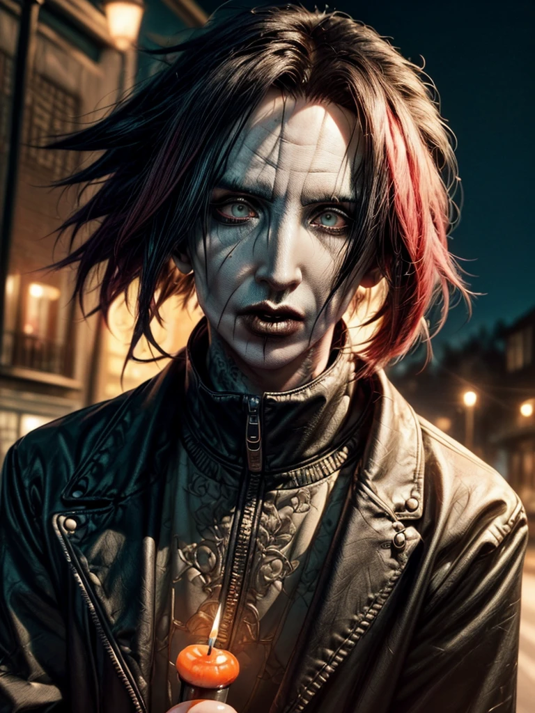 ((dreamy atmosphere, soft light and magic:1.3)), ((Imaginative scene)), ((Meticulously detailed perfect faces and bodies:1.3)), ((full shot: 1.4)), ((best quality)) , ((masterpiece)), 3D, (((2 young people with style similar to Marilyn Manson industrial rock style: 1.5 )) ), (hyper-detailed: 1.3), ((Marilyn Manson clothing style, clothing ornaments industrial style, (( full shot: 1.5)), ((industrial music style scenery: 1.3)), ((night background: 1.3 ))), (((at night:1.2))), (photorealistic:1.4 ), ((Front camera)),( (Cinematic lighting candle lights:1.2)),. 32k.