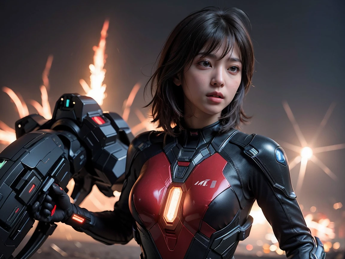 (RAW photo, highest quality), (realistic, Photoreal:1.3), 1 girl、realisticbody、battle suit、fire a small missile、hand-to-hand combat on a spaceship、have a laser knife、action pose
