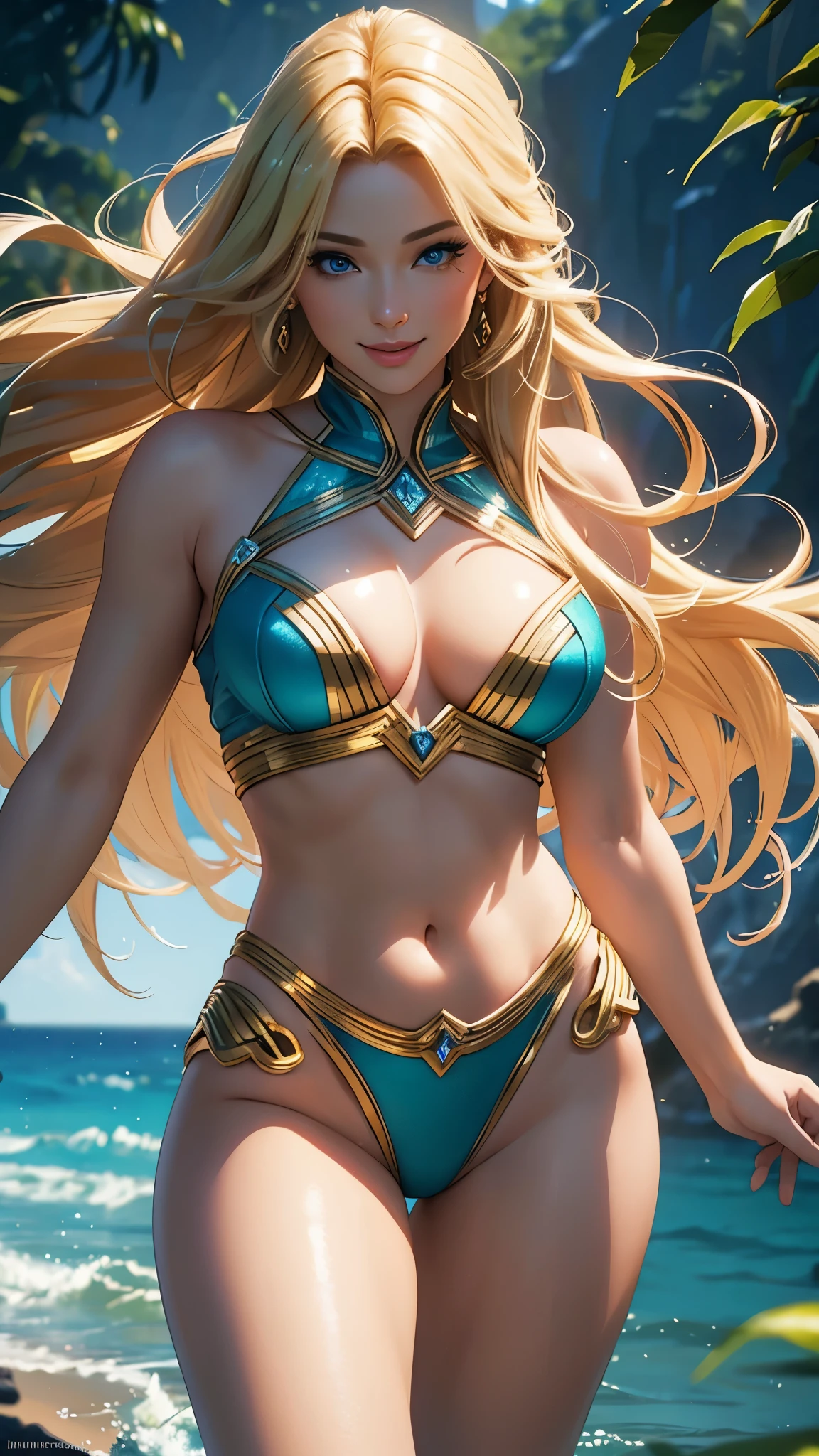 (best quality,ultra-detailed,photo-realistic:1.37),bright and vibrant colors,studio lighting,playful expression,stylish makeup,long blonde hair flowing in the wind,alluring eyes,glossy lips,sexy pose, Amazons, themyscira, smiling in a confident and seductive way,posing for a professional photoshoot,shallow depth of field,highlighting the main subject,soft natural lighting,creating a dreamy and magical atmosphere.