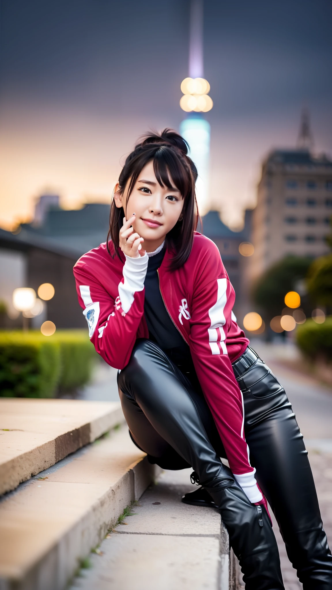 Full body realism, 22 year old girl, black hair, Ponytail on her head, Bangs falling on her face, beautiful hairstyle, light makeup, Wearing a tight leather jacket, tight leather pants, Long leather boots on her feet, Black leather gloves on her hands,Night cityscape in the background, High-definition appearance, High Detail Hairstyles, High-detail environment, Highly detailed background, In the background is a modern city, Photos taken with a photorealistic SLR camera, Resolution Full HD, 8k