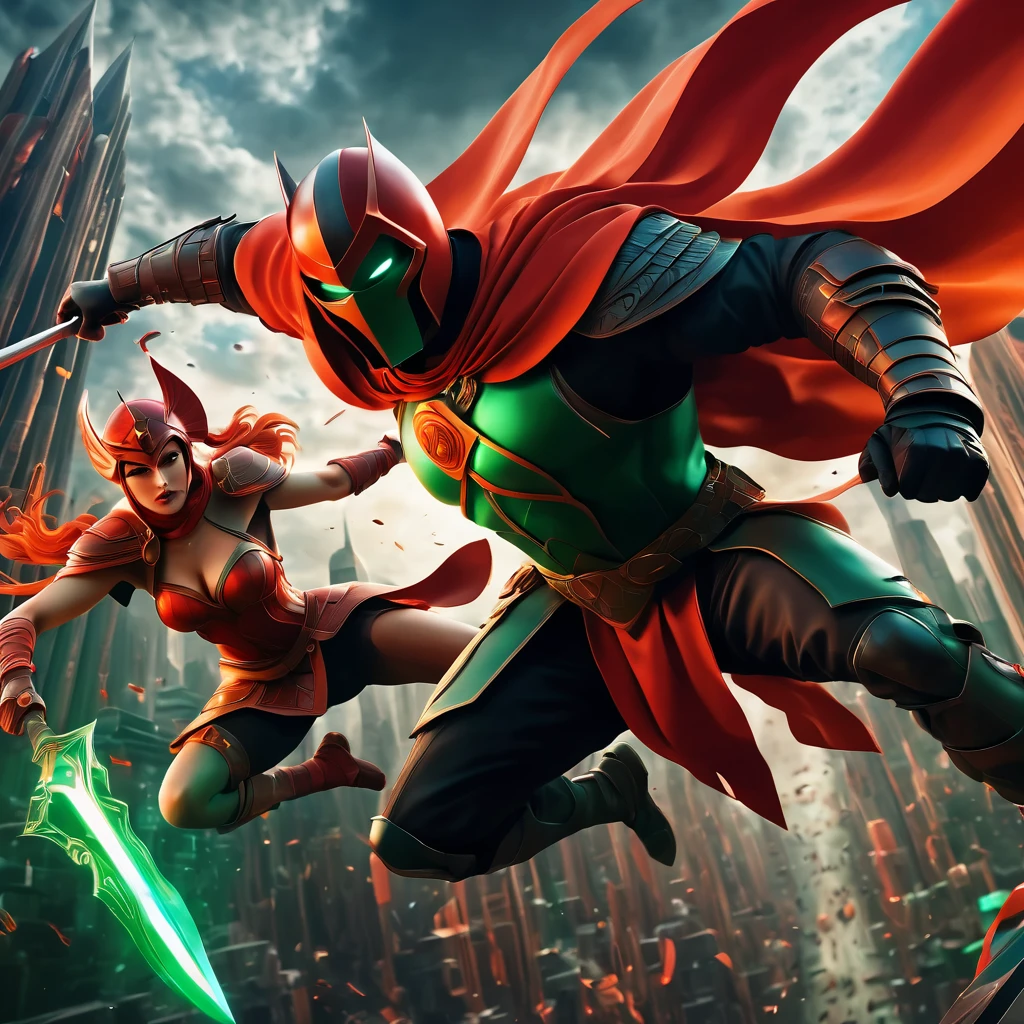 (best quality, highres, ultra sharp), Final Showdown between a heroic warrior and a heroic villain in a intense action, atmospheric perspective in a city inside a infinite battle,, epic action, dark tones of red, brown, orange, green and gray colors, art deco, 3d crunch,