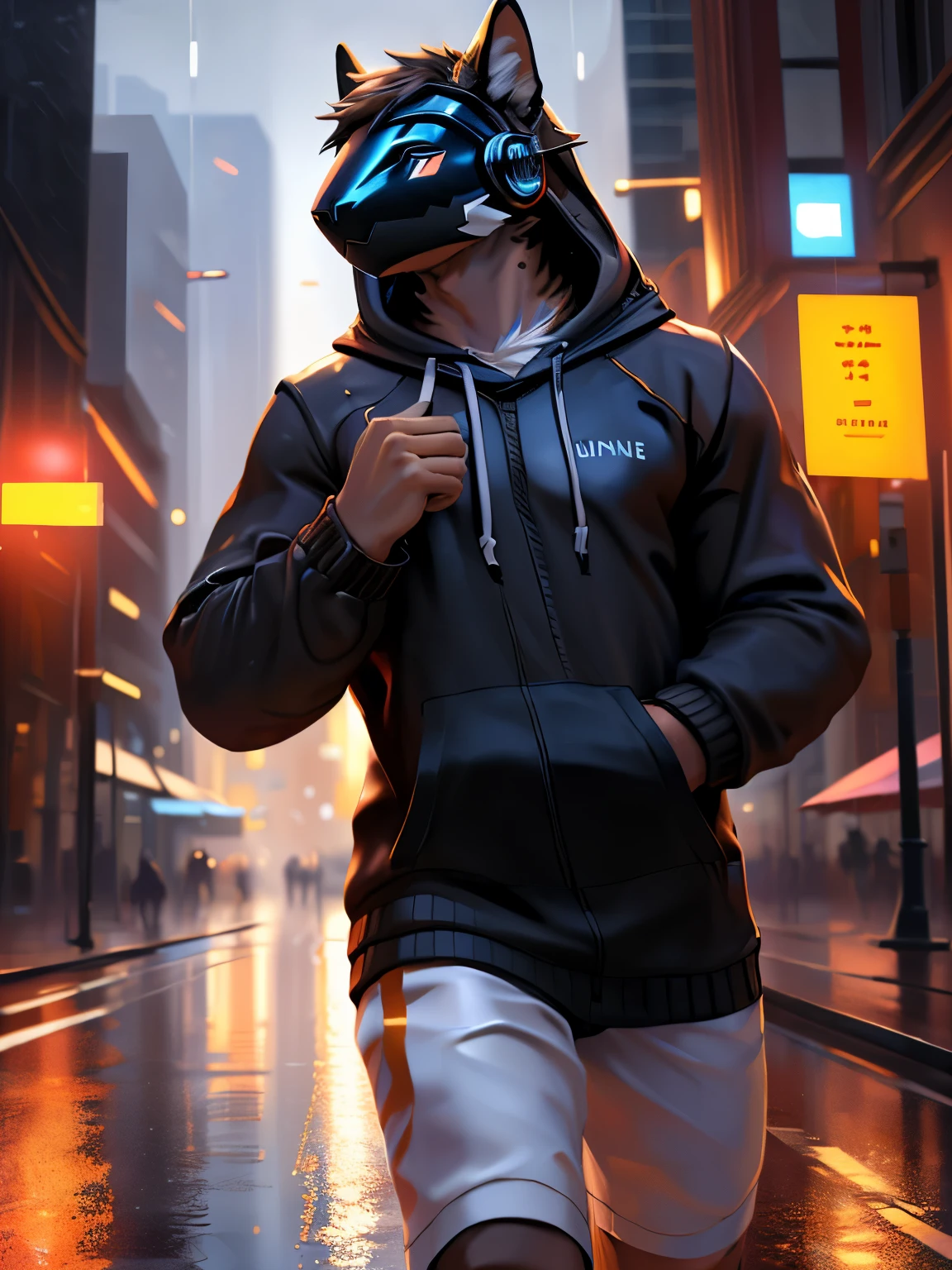 posted on e621, (by Chunie), Protogen,solo,masculine,Dark Yellow fur with Black stripes on the tips, Muscular, Slim body, full body like, night in the city, rain, (Realistic Rain detail), Streetwear Hoodie wear, wet Hoodie, Abstract beauty, ultra detailed face, depth of field, motion blur, high details, high quality, award winning, HD, 16k, (best quality,4k,8k,highres,masterpiece:1.2),ultra-detailed,realistic:1.37,HDR,UHD,studio lighting,extreme detail description,professional,vivid colors,bokeh,lively atmosphere, natural lighting