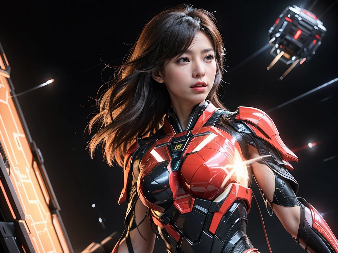 (RAW photo, highest quality), (realistic, Photoreal:1.3), 1 girl、realisticbody、Battle suit costume with Japanese kimono motif、Pyramid-shaped UFO flying from space、avoid missiles、action pose