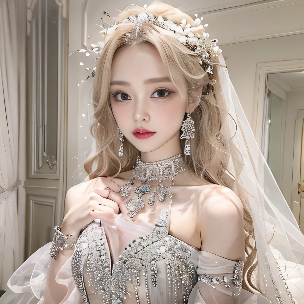 8k)、(best image quality:1.5)、gray background、close up of face、1girl、masterpiece、delicate and sharp eyes、brown eyes、eye power、delicate face、cup、attractive face、platinum blonde hair、Semi-long wave、Wedding dress、白いWedding dress、I can see the collarbone、gal、Emphasis on the clavicle、earrings、necklace、