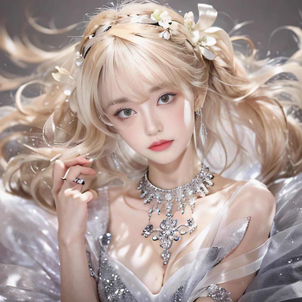 8k）、（best image quality:1.5）、gray background、close up of face、１girl、masterpiece、delicate and sharp eyes、brown eyes、eye power、delicate face、cup、attractive face、platinum blonde hair、Semi-long wave、Wedding dress、白いWedding dress、I can see the collarbone、gal、Emphasis on the clavicle、earrings、necklace、