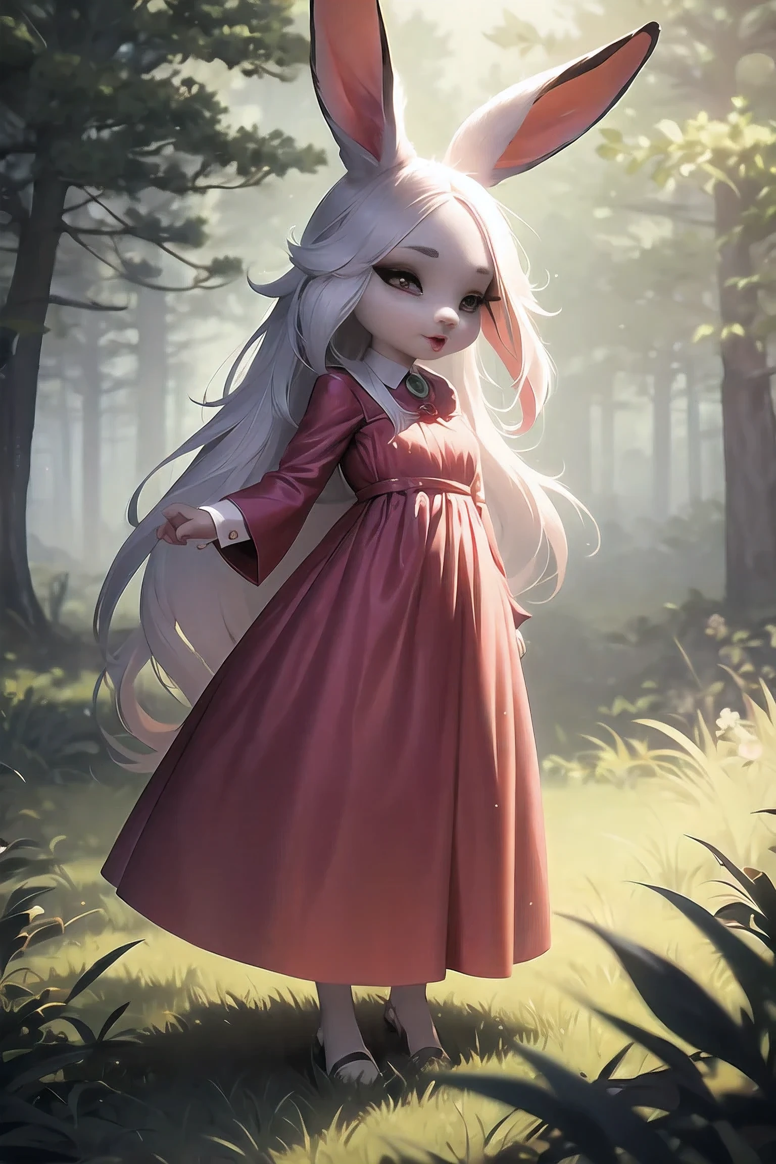 1girl beautiful rabbit long dress ,forest